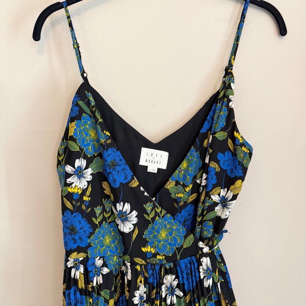 Lost + Wander Floral Mini Slip Dress S Black Blue Pleated Summer Boho Romantic - Picture 3 of 8